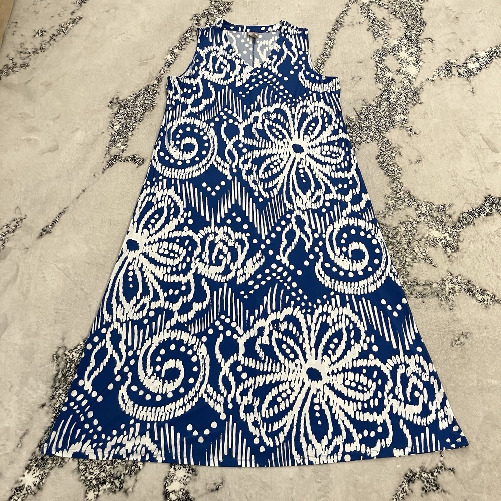 Chicos Shift Dress Womens 4 Blue White Abstract Floral Sleeveless  A Line‎ Midi